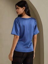 [أزرق بترولي حقيقي] SilkSilky-SA Short Sleeve Cowl Neck بلوزات نسائية 002