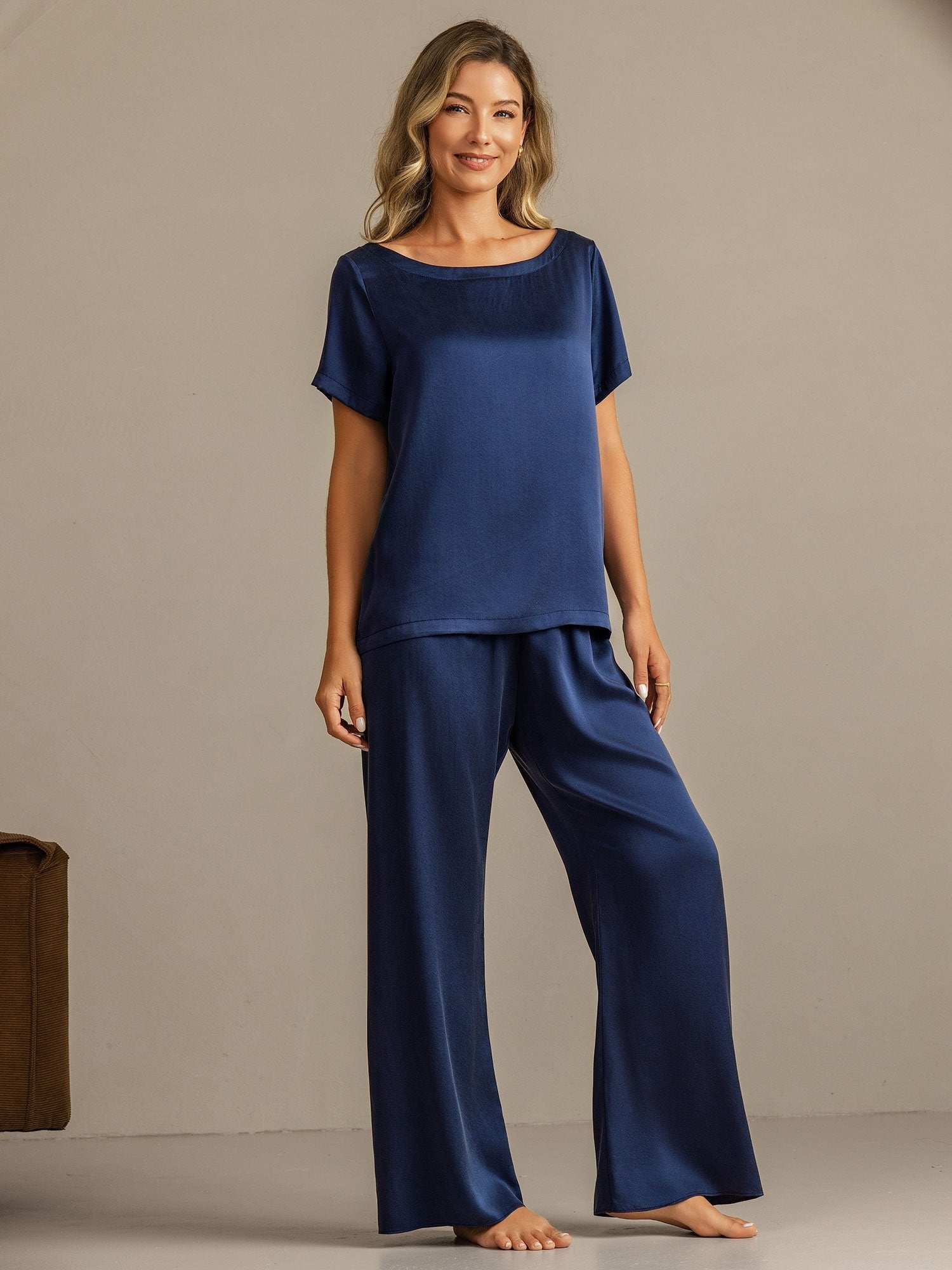 [أزرقغامق] SilkSilky-SA 19Momme الحرير Womens Pajamas 001