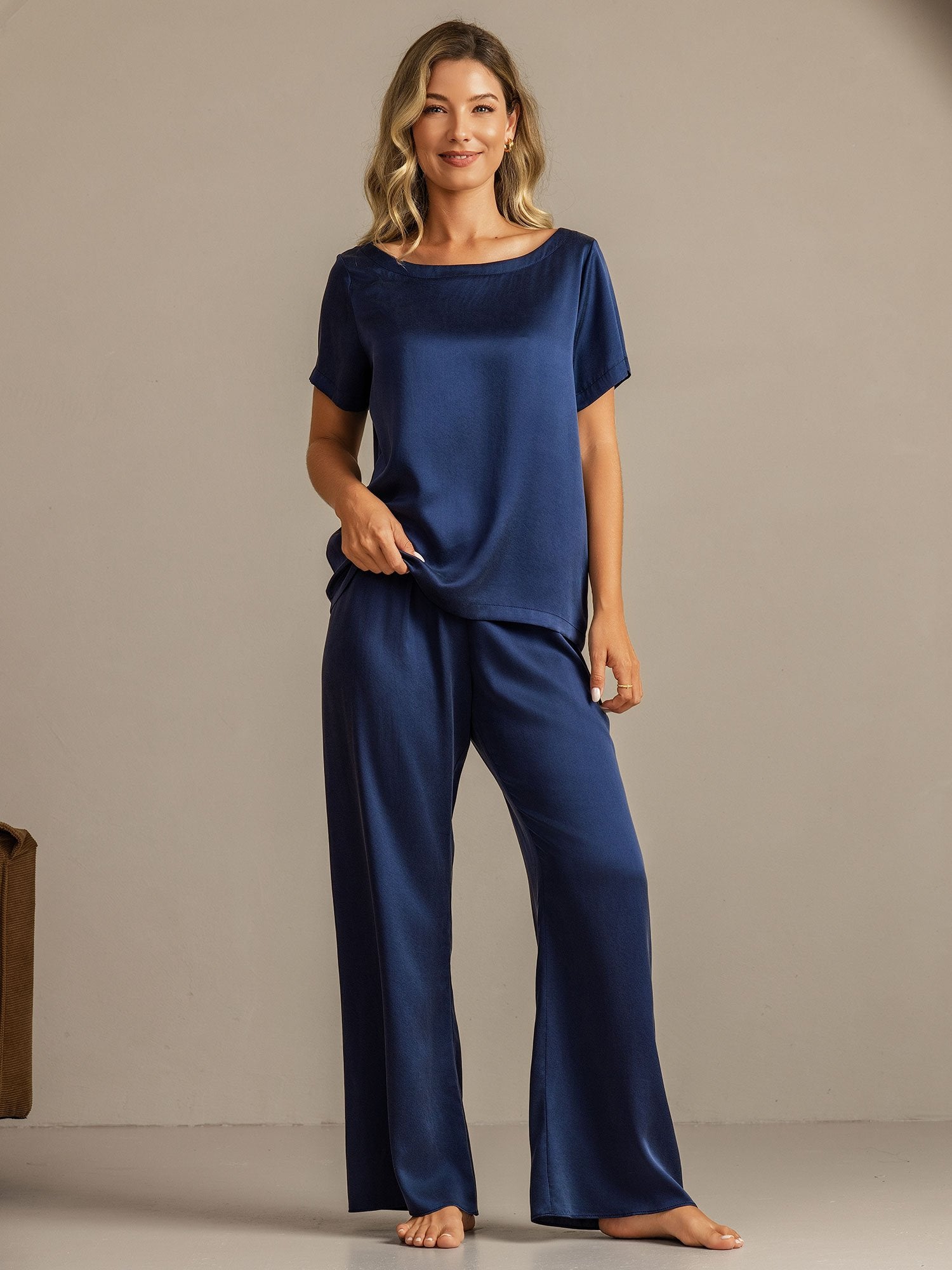 [أزرقغامق] SilkSilky-SA 19Momme الحرير Womens Pajamas 004