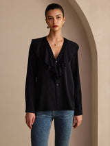 [أسود] SilkSilky-SA Long Sleeve Deep V Neck بلوزات نسائية 003
