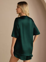 [أخضر غامق] SilkSilky-SA Short Sleeve Round Neck طقم بيجامة نسائي 002