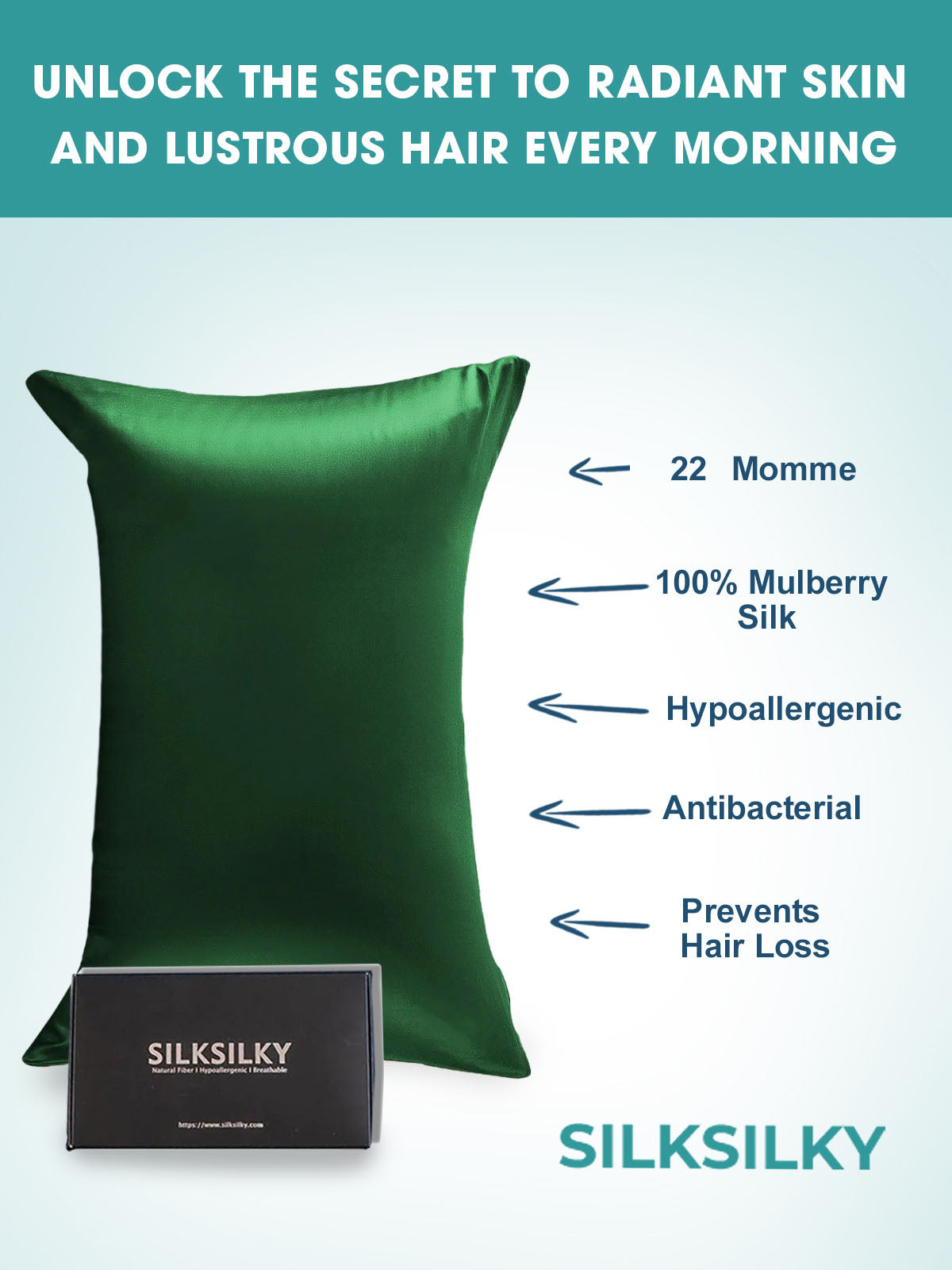 SilkSilky SA 22Momme الحرير الخالص Pillowcase أخضرغامق 003