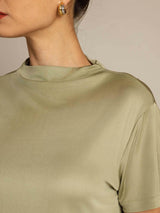 [عشبة مجففة] SilkSilky-SA 100% Silk Jersey Short Sleeve ياقة نصف عالية تي شيرت نسائية 004