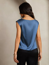 [أزرق بترولي حقيقي] SilkSilky-SA Cap Sleeve Cowl Neck تي شيرت نسائية 002