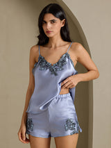 [الأزرق الصلب] SilkSilky-SA Sleeveless V Neck مجموعة قميص قصير 001