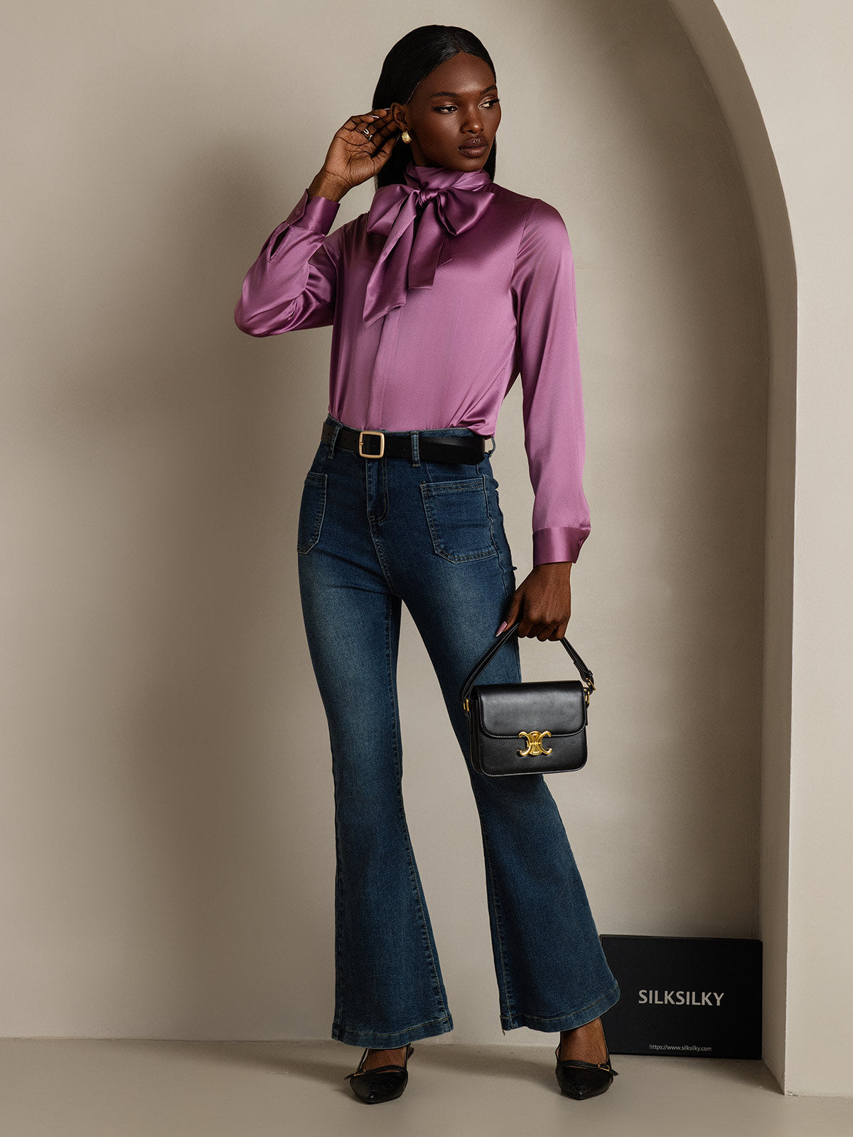 [الأرجواني الداكن] SilkSilky-SA 19Momme الحرير الأكمام الطويلة تعادل الرقبة بلوزة 008