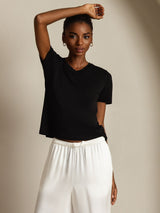[أسود] SilkSilky-SA Short Sleeve V Neck تي شيرت نسائية 005