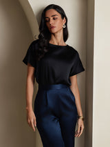 [أسود] SilkSilky-SA Short Sleeve Boat Neck تي شيرت نسائية 005