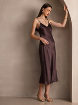 [قهوة] SilkSilky-SA Sleeveless V Neck فساتين نسائية 008