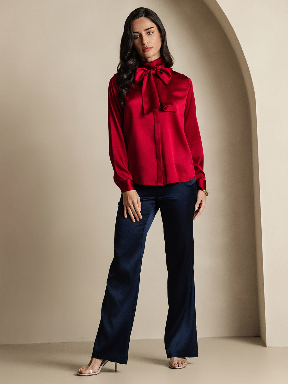 [خمر] SilkSilky-SA 19Momme الحرير الأكمام الطويلة تعادل الرقبة بلوزة 008