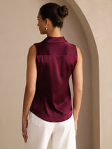 [احمر غامق] SilkSilky-SA Sleeveless Lapel Collar بلايز نسائية 002