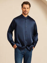 [أزرق غامق] SilkSilky-SA Long Sleeve Stand Collar قميص رجالي 004