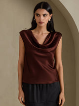 [شوكولاتة داكنة] SilkSilky-SA Cap Sleeve Cowl Neck تي شيرت نسائية 001