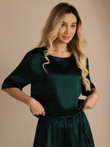 [أخضر غامق] SilkSilky-SA Short Sleeve Round Neck طقم بيجامة نسائي 004