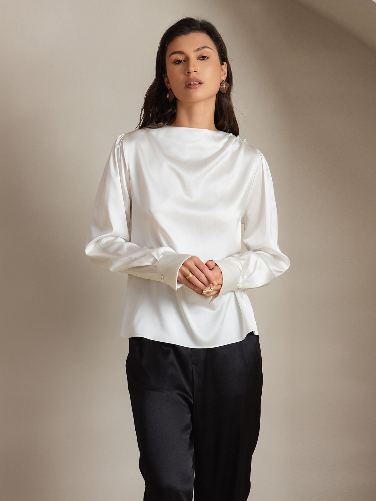 [أبيض] SilkSilky-SA 19Momme الحرير Womens Shirt 005