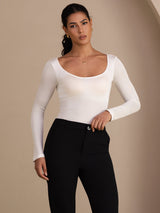 [أبيض] SilkSilky-SA Long Sleeve رقبة على شكل حرف U تي شيرت نسائية 004