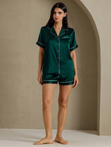 [أخضر غامق] SilkSilky-SA Short Sleeve Lapel Collar طقم بيجامة نسائي 007