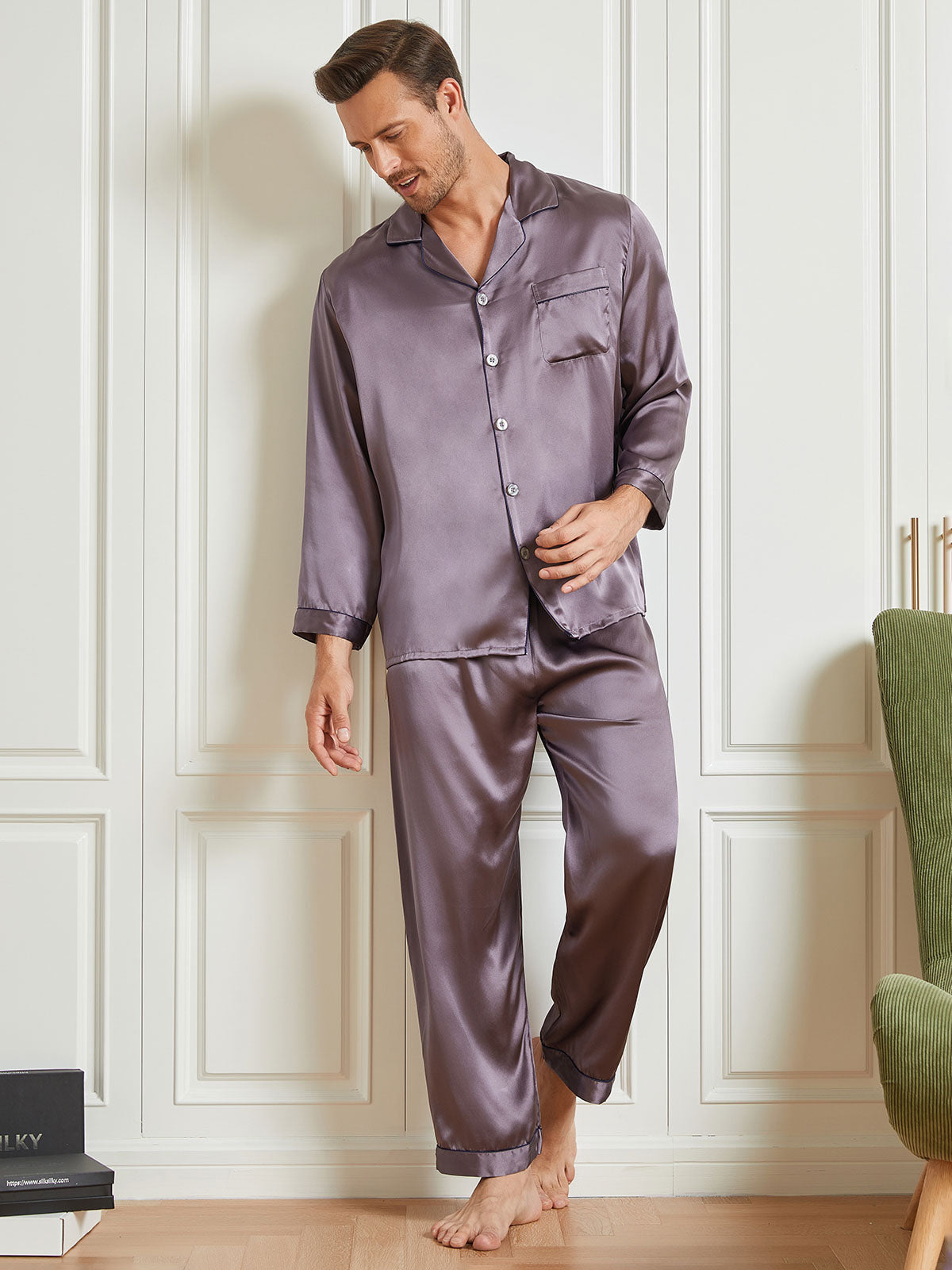 [رمادي أرجواني] SilkSilky-SA 19Momme الحرير الخالص Mens Pajamas 004
