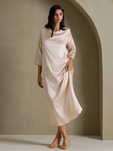 [اللون البيج] SilkSilky-SA 3/4 Sleeve Round Neck فساتين نسائية 005