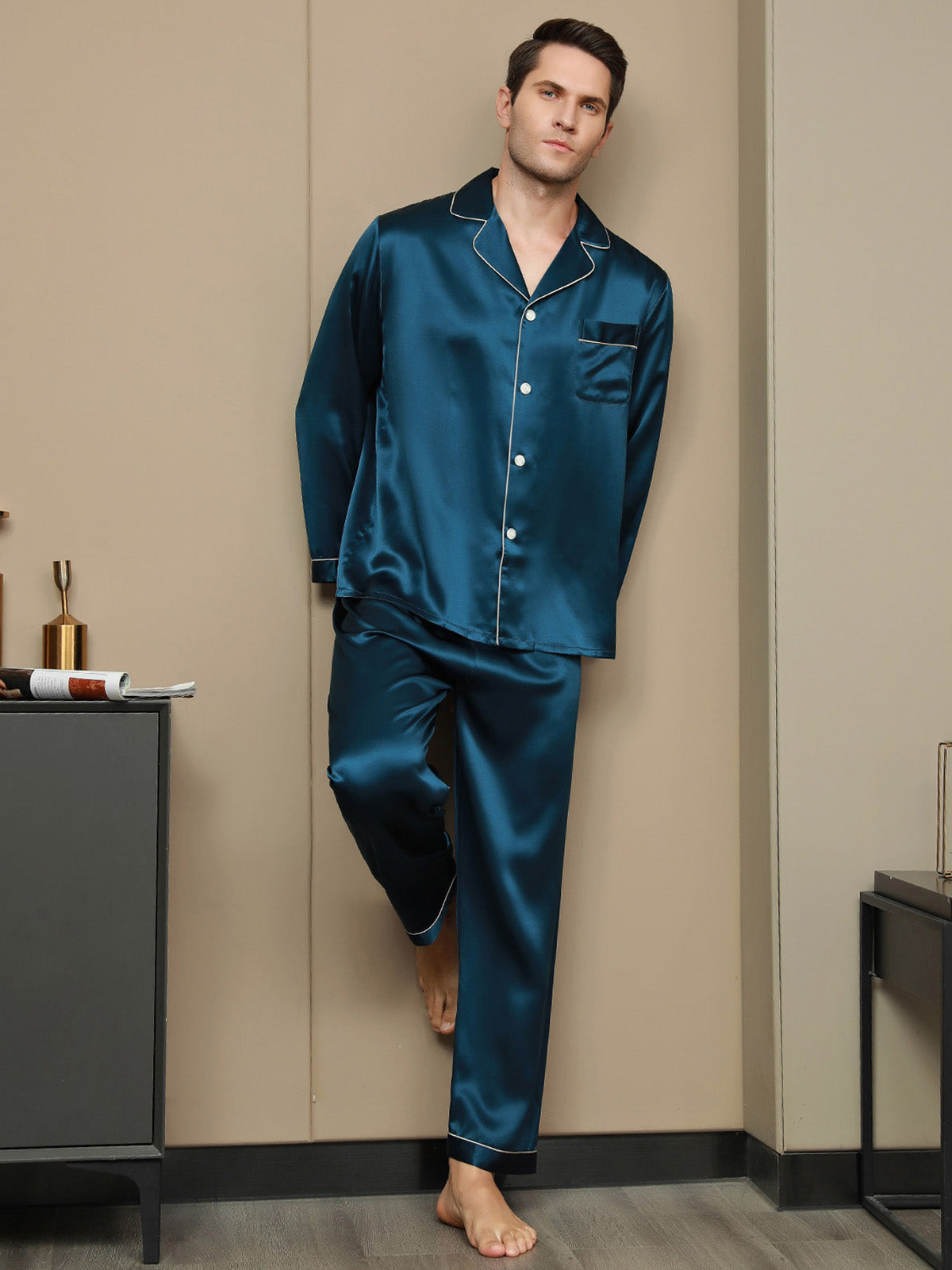 [المياه الخضراء] SilkSilky-SA 19Momme الحرير الخالص Mens Pajamas 004
