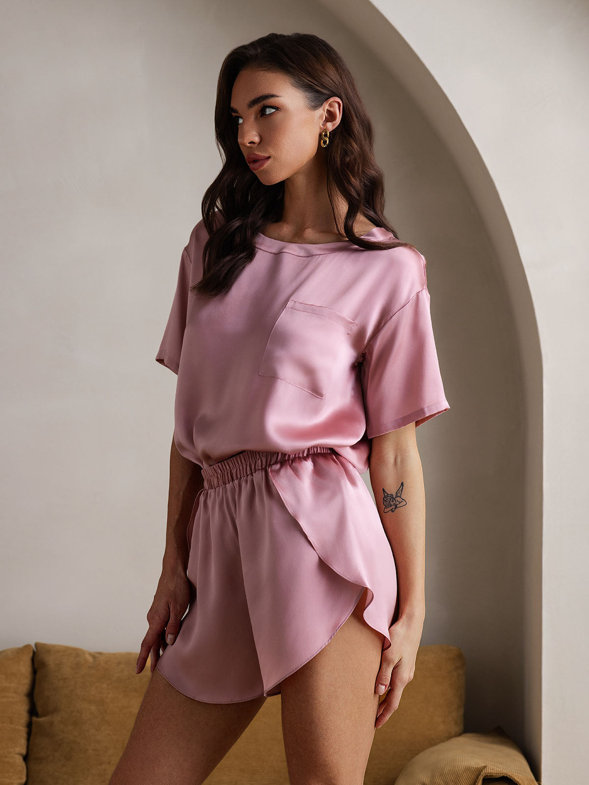 [الوردي الأرجواني] SilkSilky-SA الحرير الخالص رقبة مستديرة طقم بيجامة نسائي 001