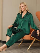 [أخضر] SilkSilky-SA Long Sleeve Lapel Collar طقم بيجامة نسائي 005