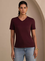 [خمر] SilkSilky-SA Short Sleeve V Neck تي شيرت نسائية 003