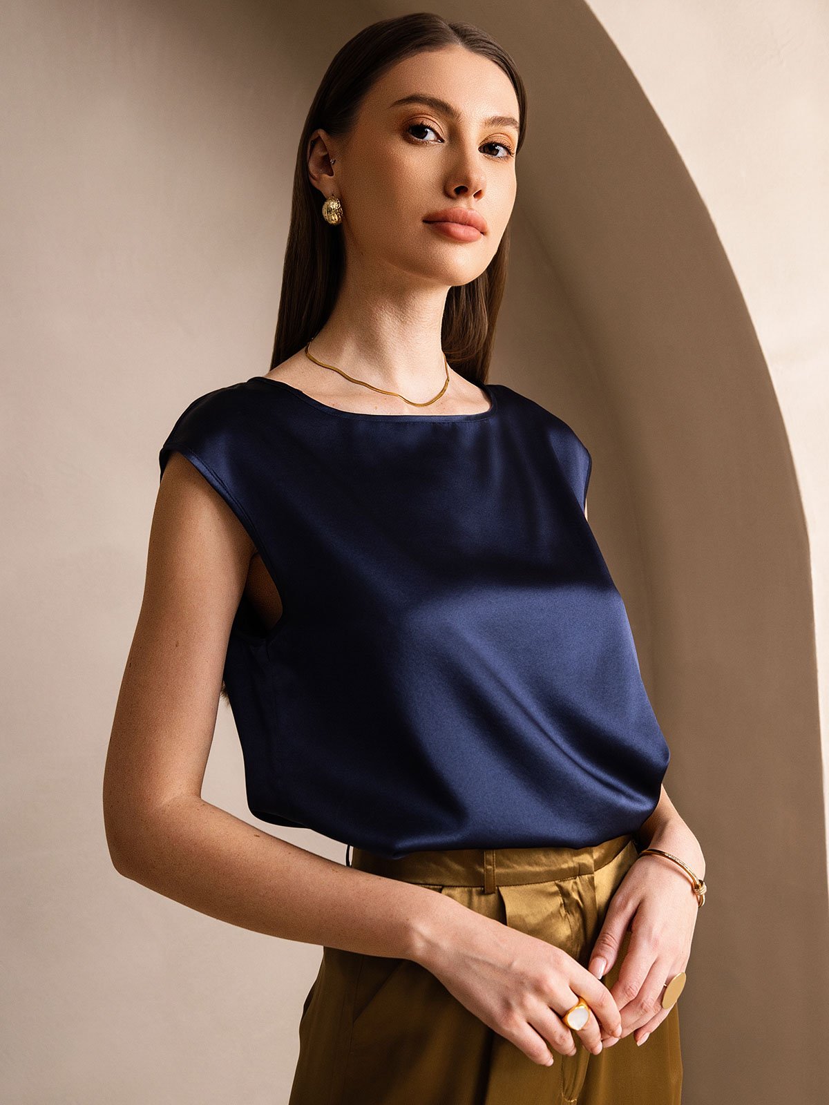 [أزرق غامق] SilkSilky-SA 19Momme الحرير رقبة مستديرة تي شيرت نسائية 003,