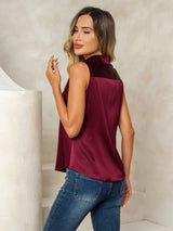 [احمر غامق] SilkSilky-SA Sleeveless Lapel Collar بلايز نسائية 003
