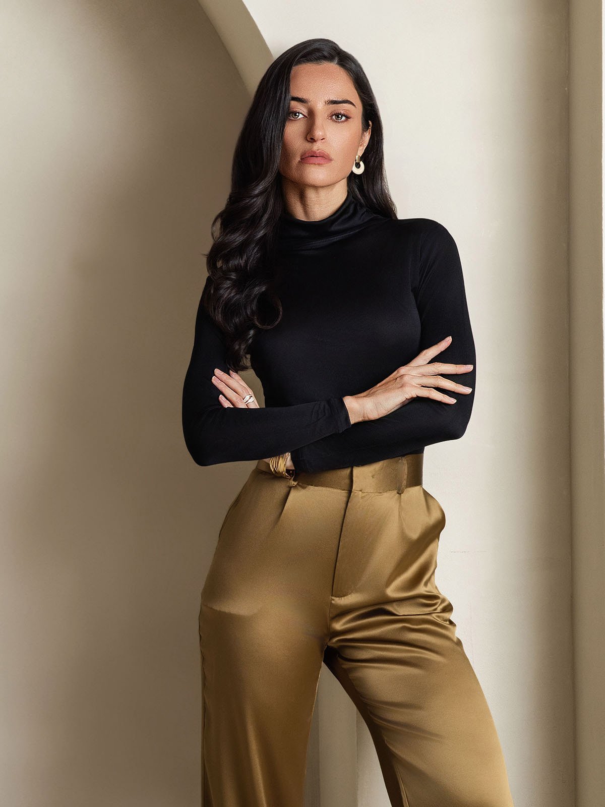 [أسود] SilkSilky-SA الأكمام الطويلة ياقة مدورة تي شيرت نسائية 004