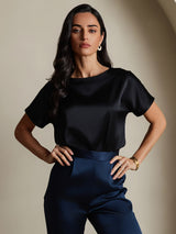 [أسود] SilkSilky-SA Short Sleeve Boat Neck تي شيرت نسائية 003