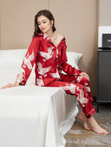 [احمر غامق] SilkSilky-SA Long Sleeve Lapel Collar طقم بيجامة نسائي 007
