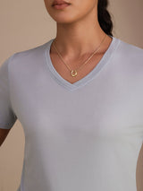 [أزرق رمادي] SilkSilky-SA Short Sleeve V Neck تي شيرت نسائية 004