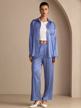 [مقلم دقيق أزرق] SilkSilky-SA Long Sleeve Lapel Collar Women's Outfit Sets 007