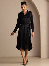 [أسود] SilkSilky-SA Long Sleeve Lapel Collar فساتين نسائية 005