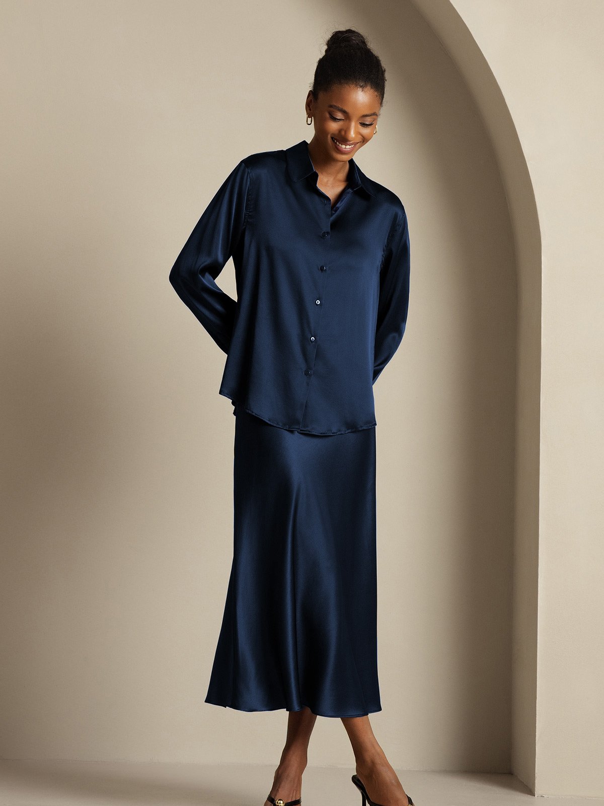 [أزرق غامق] SilkSilky-SA 19Momme الحرير Lapel Collar Women''s Outfit Sets 004,