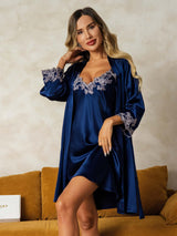 [أزرق غامق] SilkSilky-SA 3/4 Sleeve V Neck رداء الحمام وقميص النوم 001