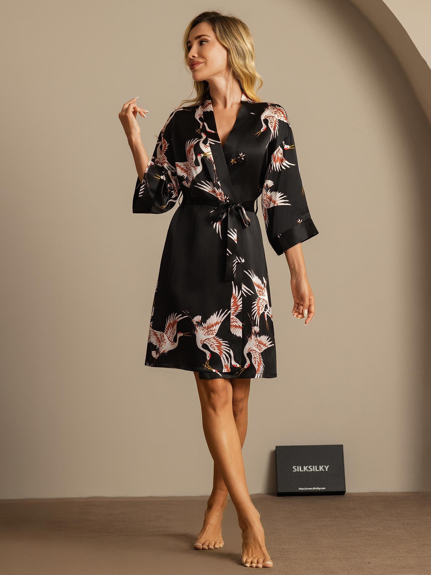 [أسود] SilkSilky-SA 19Momme الحرير الخالص Wrap رداء حمام نسائي 005