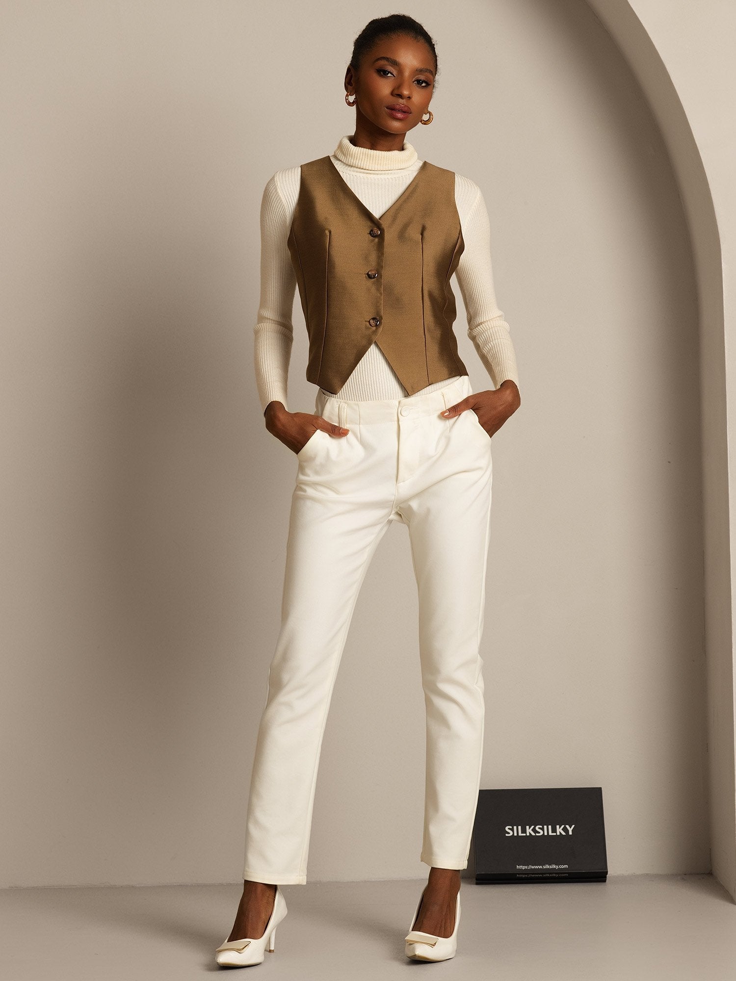 [برونزي] SilkSilky-SA 32Momme الحرير رقبة على شكل حرف V سترة نسائية 007,