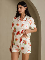 [فراولة بيضاء] SilkSilky-SA Short Sleeve Notch Collar طقم بيجامة نسائي 003