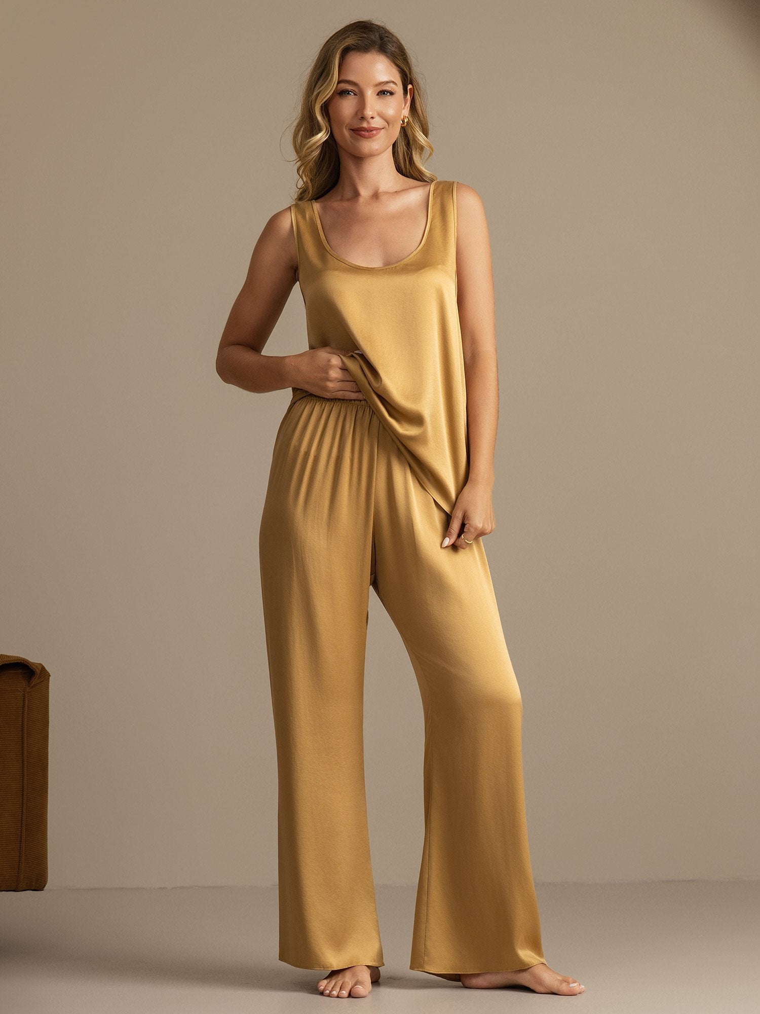 [تان (بني فاتح)] SilkSilky-SA 19Momme الحرير Womens Pajamas 003