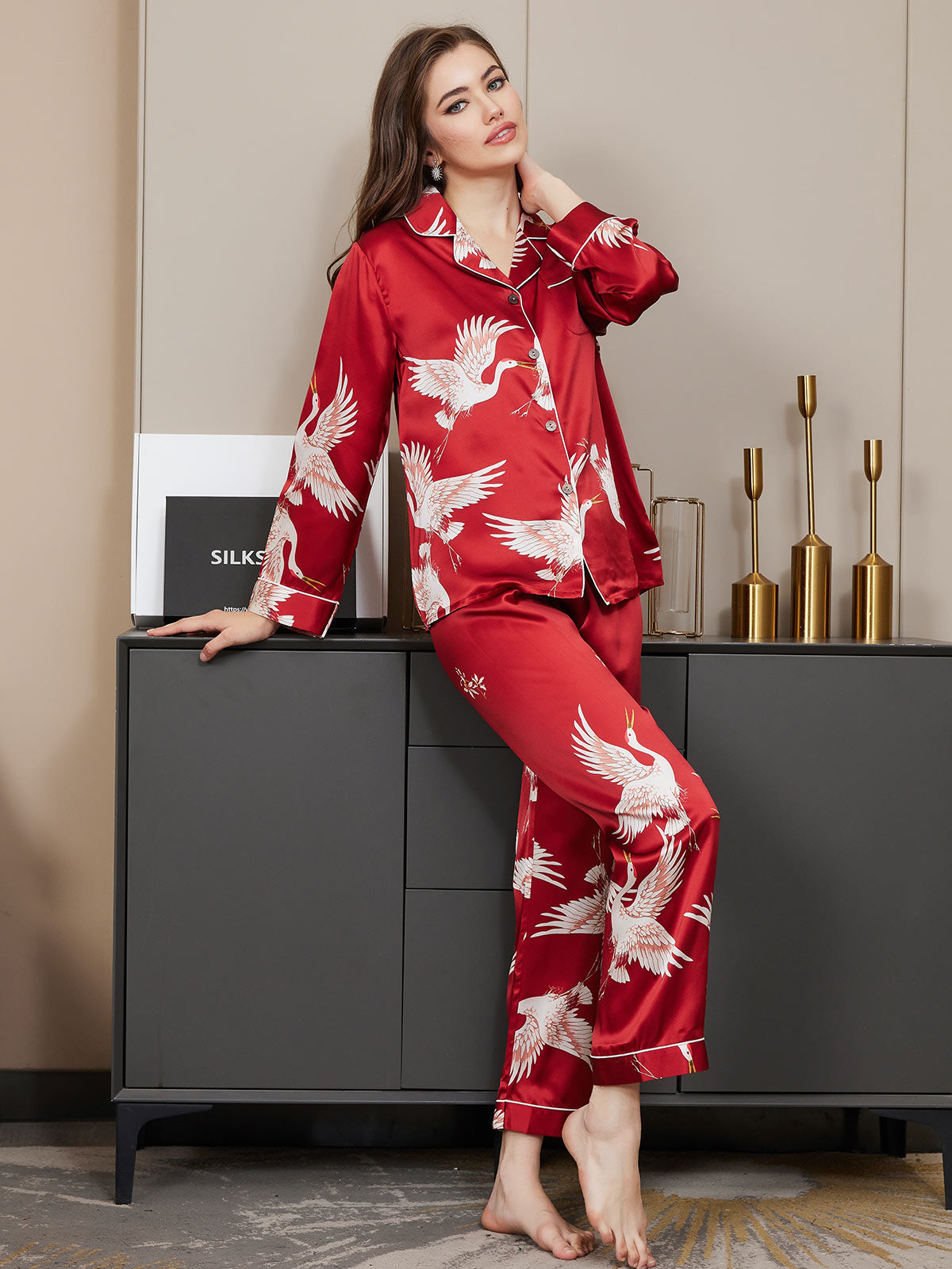 [احمر غامق] SilkSilky-SA 19Momme الحرير الخالص Womens Pajamas 002