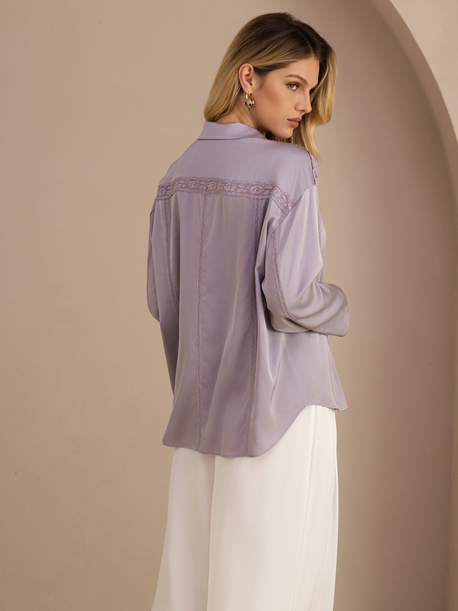 [أرجواني] SilkSilky-SA Long Sleeve Lapel Collar بلوزة 002