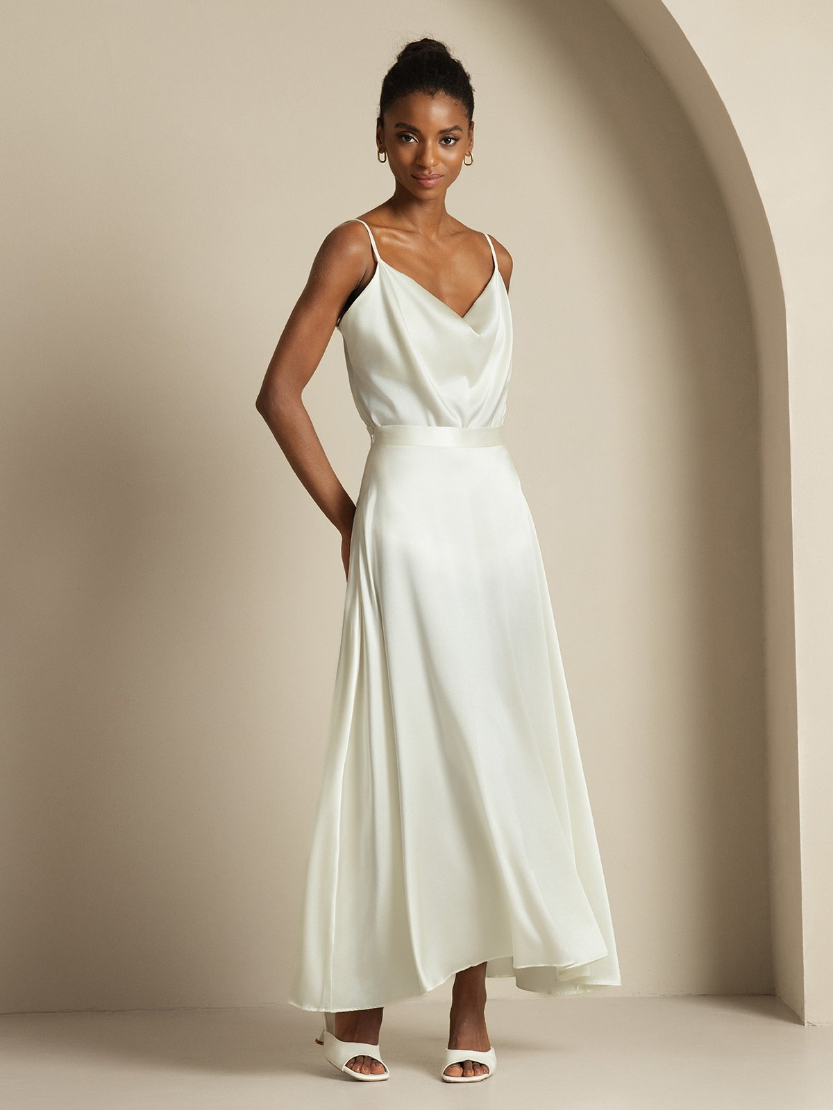 [أبيض] SilkSilky-SA 19Momme الحرير فتحة عنق بثنيات ملفوفة Women''s Outfit Sets 005,