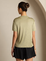 [عشبة مجففة] SilkSilky-SA 100% Silk Jersey Short Sleeve ياقة نصف عالية تي شيرت نسائية 002