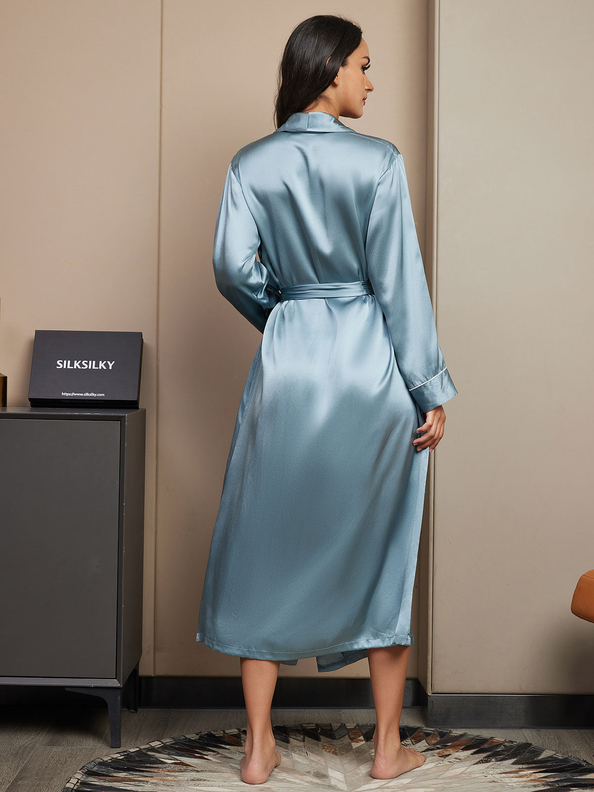 [أزرق رمادي] SilkSilky-SA 19Momme الحرير الخالص Womens Robe 002,