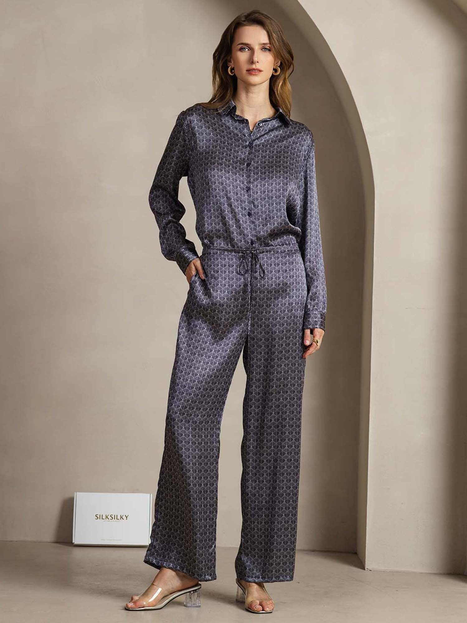[جنكوكحلي] SilkSilky-SA 19Momme الحرير Lapel Collar Women''s Outfit Sets 001