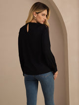 [أسود] SilkSilky-SA Long Sleeve Keyhole Neck بلوزات نسائية 002