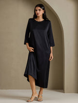[أسود] SilkSilky-SA 3/4 Sleeve Round Neck فساتين نسائية 007