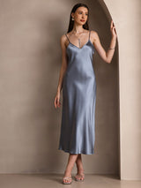 [أزرق رمادي] SilkSilky-SA Sleeveless V Neck فساتين نسائية 001